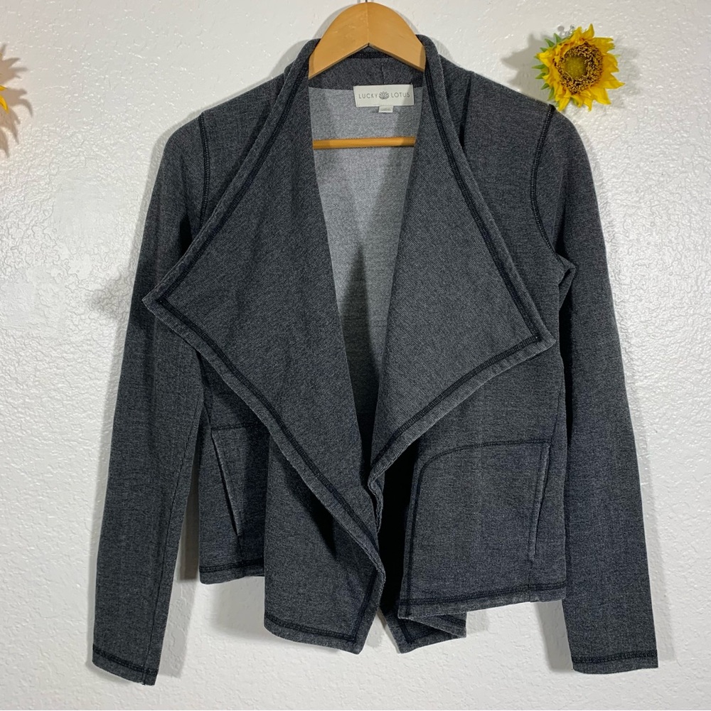 Lucky Lotus Waterfall Pocketed Dark Gray Ooen Cardigan Size Small Women’s